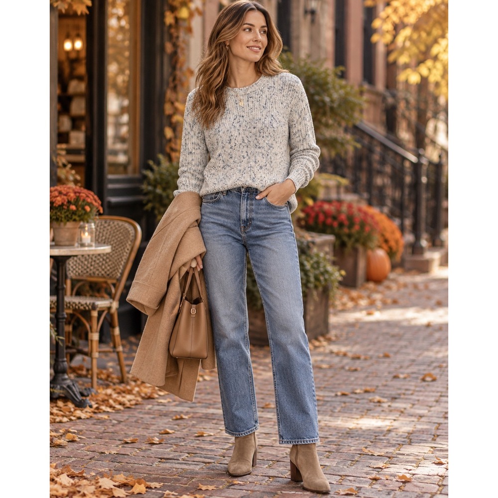 Women's Medium Cream Blue Marled Speckled Knit Crewneck Sweater Coastal Preppy